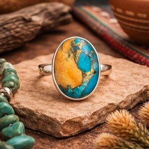 Dahlia Turquoise Statement Ring Sterling Silver — Large Oval Cabochon NEW 7 #526